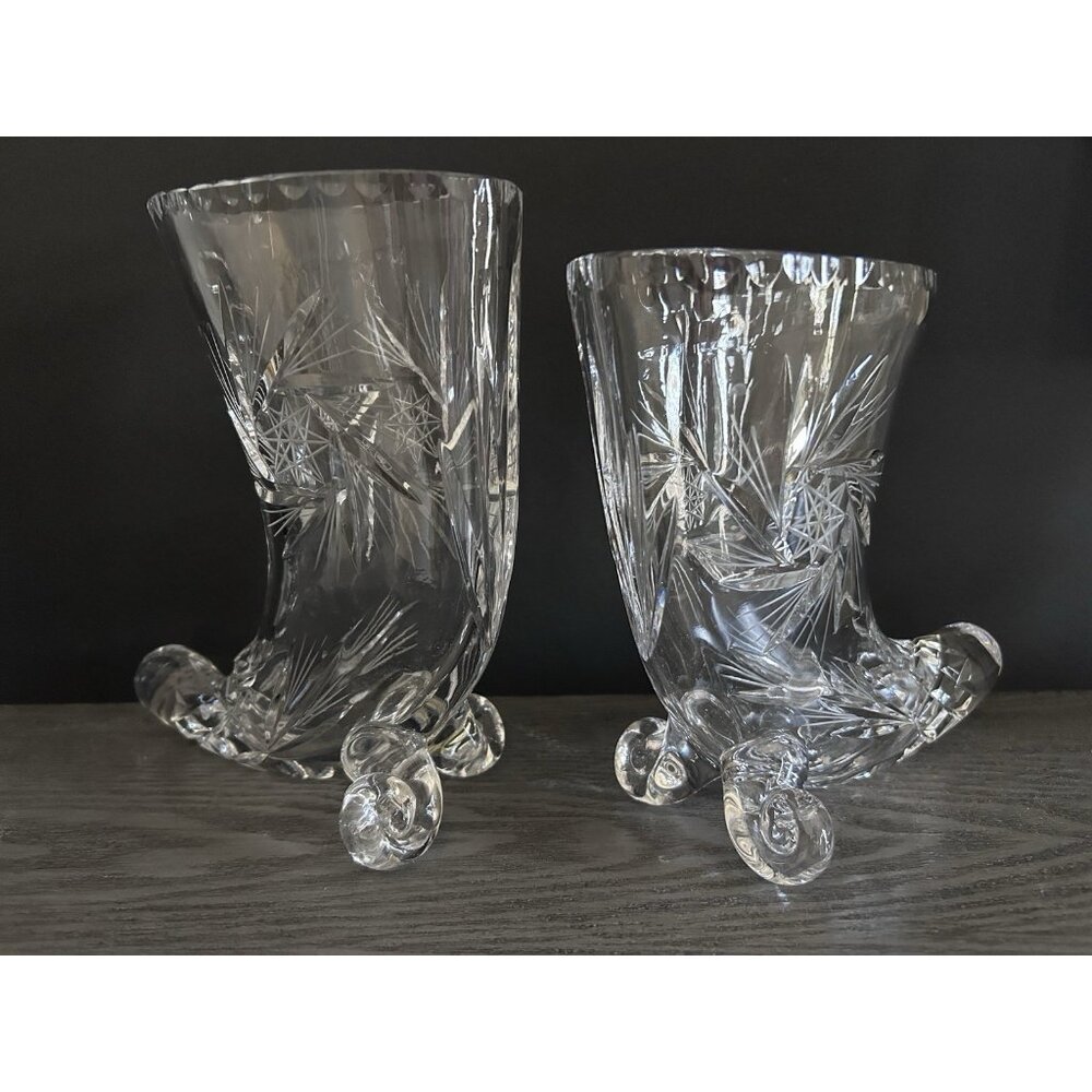 Antique Brilliant Cut Clear Crystal Horn Of Plenty Cornucopia Flower Vase Pair